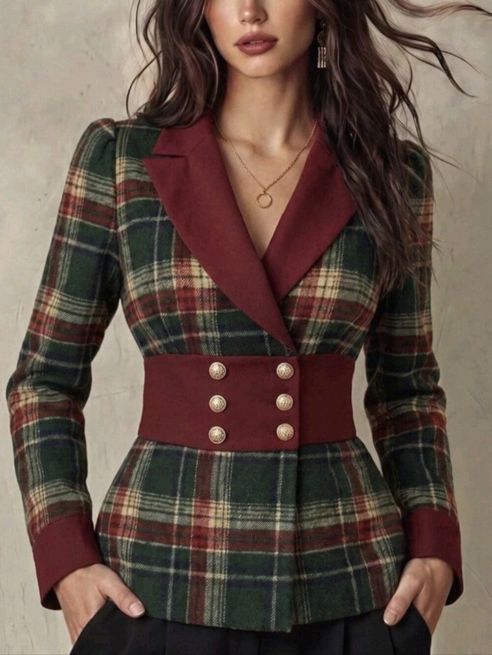 Vintage Plaid Contrast Color Design Versatile Cardigan Jacket, Suitable For Holi